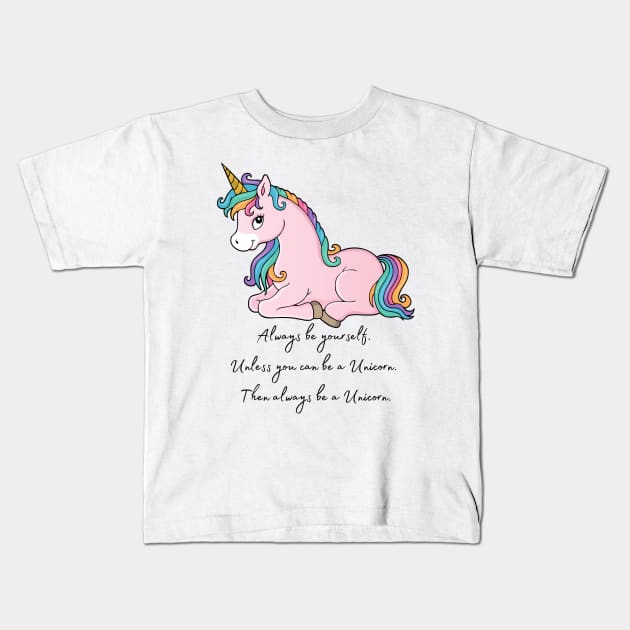 Cute Little Unicorn With Rainbow Hair Kids T-Shirt by Vegan Squad